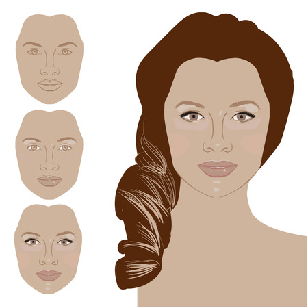 Cute cartoon girl shows curvy bright black eyelashes as a result after applying mascara. Icon set for skincare infographic. Colorful vector image illustrated steps of using cosmetic.の写真素材