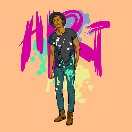 Beautiful Brunette Men a hat. Beauty Model Male. Hairstyle. Fashionable men. Freehand drawing vector. Can be used for banners, cards, covers, etc. Color illustration about artist paint, abstract.の写真素材