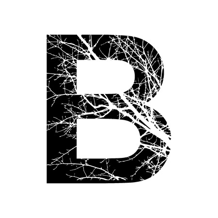 Letter B double exposure with white tree on black background.Vector isolated illustration.Black and white double exposure silhouette numbers combined with photograph of nature.Letters of the alphabetの写真素材