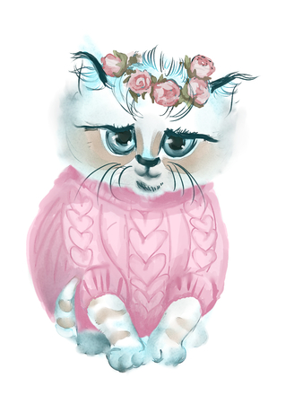 Wreath of rose on cute white kitty. Illustration Portrait of adorable Cat. Young cute cat with color clothes.の写真素材