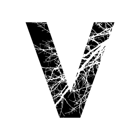 Letter V double exposure with white tree on black background.Vector isolated illustration.Black and white double exposure silhouette numbers combined with photograph of nature.Letters of the alphabet