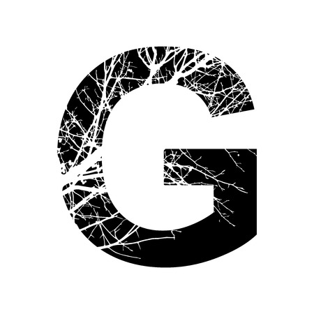 Letter G double exposure with white tree on black background.Vector isolated illustration.Black and white double exposure silhouette numbers combined with photograph of nature.Letters of the alphabetの写真素材