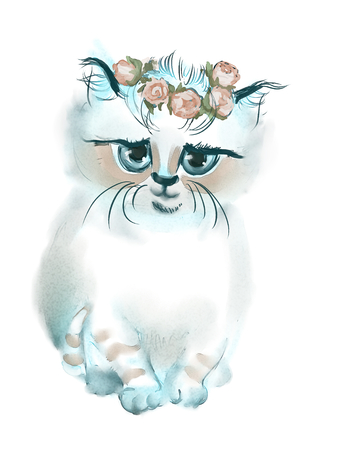 Wreath of rose on cute white kitty. Illustration Portrait of adorable Cat. Young cute cat with color clothes.の写真素材