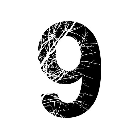 Number 9 double exposure with white tree on black background.Vector isolated illustration.Black and white double exposure silhouette numbers combined with photograph of nature.Letters of the alphabetの写真素材