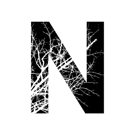 Letter N double exposure with white tree on black background.Vector isolated illustration.Black and white double exposure silhouette numbers combined with photograph of nature.Letters of the alphabetの写真素材
