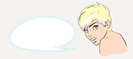 Ironic Satirical Illustration of a Retro Classic Comics Woman. Girl Looking Over Her Shoulder. Man calls woman style comic Pop art vintage. Emotional conversation the womanの写真素材