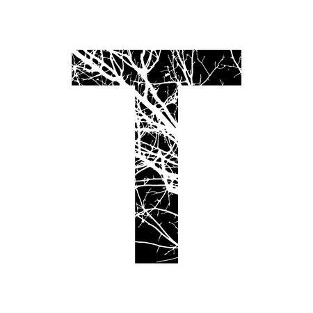 Letter T double exposure with white tree on black background.Vector isolated illustration.Black and white double exposure silhouette numbers combined with photograph of nature.Letters of the alphabetの写真素材