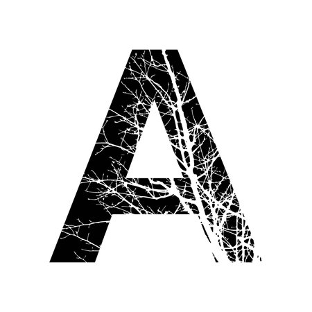 Letter A double exposure with white tree on black background.Vector isolated illustration.Black and white double exposure silhouette numbers combined with photograph of nature.Letters of the alphabetのイラスト素材