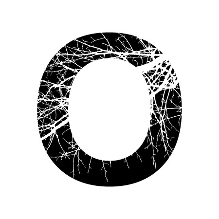 Letter O double exposure with white tree on black background.Vector isolated illustration.Black and white double exposure silhouette numbers combined with photograph of nature.Letters of the alphabetのイラスト素材