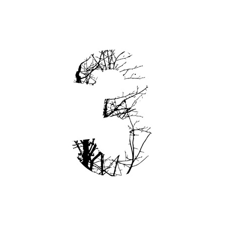 Number 3 double exposure with black trees isolated on white background.Vector  illustration.Black and white double exposure silhuette numbers combined with photograph of nature.Letters of the alphabetのイラスト素材