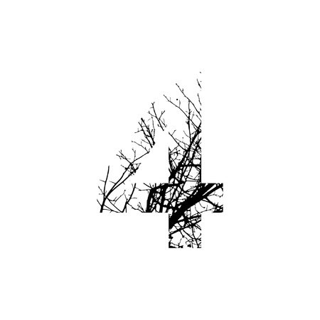 Number 4 double exposure with black trees isolated on white background.Vector  illustration.Black and white double exposure silhuette numbers combined with photograph of nature.Letters of the alphabetのイラスト素材