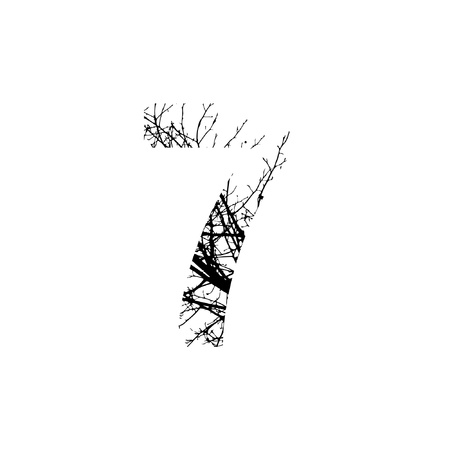 Number 7 double exposure with black trees isolated on white background.Vector  illustration.Black and white double exposure silhuette numbers combined with photograph of nature.Letters of the alphabetのイラスト素材