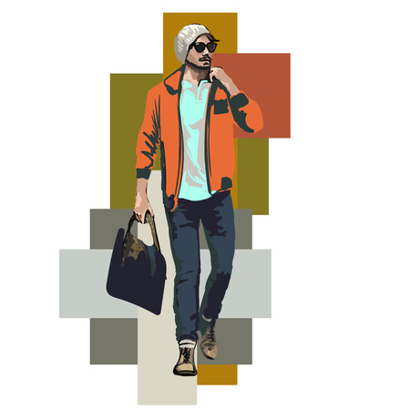 Beautiful Brunette Men a hat. Beauty Model Male. Hairstyle. Fashionable men. Freehand drawing vector. Can be used for banners, cards, covers, etc. Color illustration about fashion street style.のイラスト素材