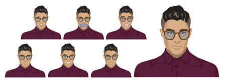 Attractive black haired young hipster man with glasses on six different face expressions collection. Set of original character Stylish Asian Fashion guys in glasses with elegant clothing styleのイラスト素材