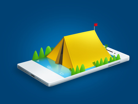 white smartphone and yellow tentの写真素材