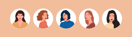 A set of icons of people's faces on avatar profiles: women, young and old of different races and countries. Business illustration. Megaset. Trendy vector style.のイラスト素材