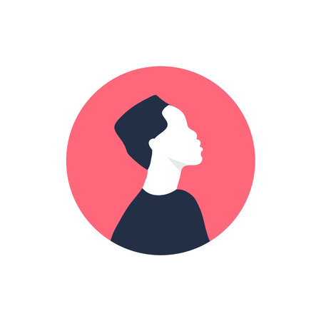 Round profile image of female avatar for social networks with half circle. Fashion and beauty. Bright vector illustration in trendy style.のイラスト素材