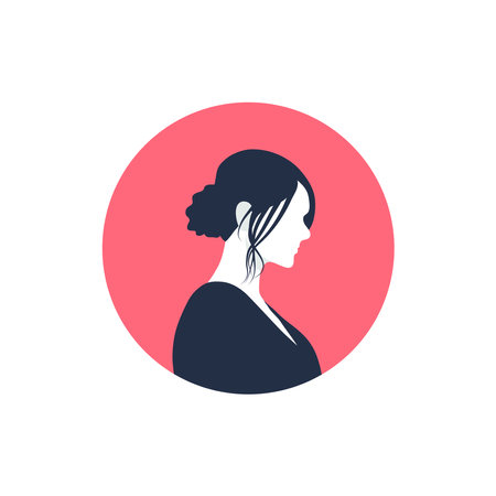 Round profile image of female avatar for social networks with half circle. Fashion and beauty. Bright vector illustration in trendy style.のイラスト素材