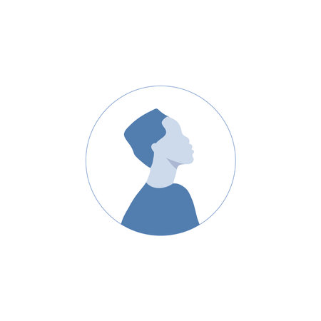 Round profile image of female avatar for social networks with half circle. Fashion and beauty. Bright vector illustration in trendy style.のイラスト素材