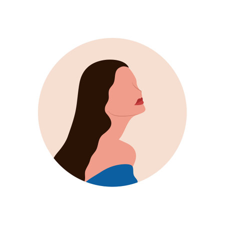 Round profile image of female avatar for social networks with half circle. Fashion and beauty. Bright vector illustration in trendy style.のイラスト素材