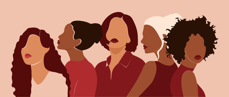 Friendship of women of different ethnicity and culture standing side by side together. Strong and courageous girls support each other in the feminist movement.のイラスト素材