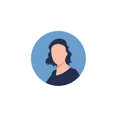 Round profile image of female avatar for social networks with half circle. Fashion, beauty, blue and black. Bright vector illustration in trendy style.のイラスト素材