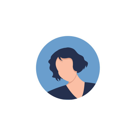 Round profile image of female avatar for social networks with half circle. Fashion, beauty, blue and black. Bright vector illustration in trendy style.のイラスト素材