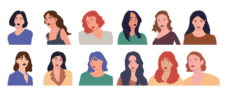 Set of different women avatars in flat style. Vector illustration.のイラスト素材
