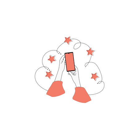 Hand holding smartphone with star icon. Vector illustration in flat style.のイラスト素材
