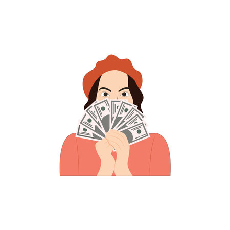 Woman with money. Vector illustration in flat style. Isolated on white background.のイラスト素材