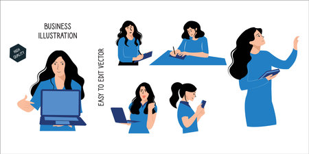 Vector illustration of a set of business women working in the office.のイラスト素材