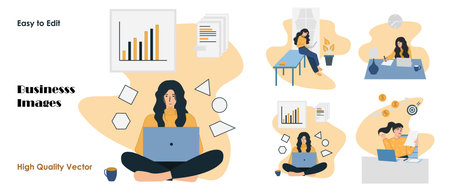 Vector illustration of business people working with laptop. Flat style design.のイラスト素材
