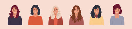 Set of different people portraits of diverse big business team vector flat illustrations. Collection of avatars of people, men and women. Group of happy smiling coworkers.のイラスト素材