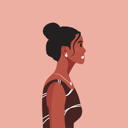 Young beautiful African American woman profile portrait. Female person with brown skin and curly...