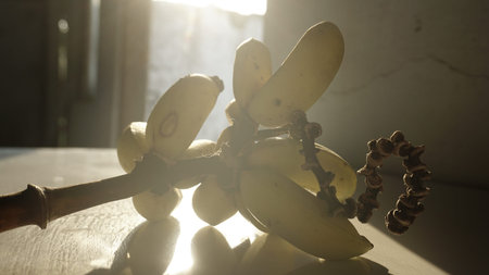Bunch of bananas on a tree in the sunlight. Selective focus.