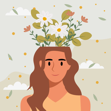 Flat design vector illustration concept of woman with flowers in her head.のイラスト素材