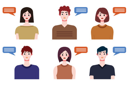 Set of young people avatars with speech bubbles. Vector illustration.のイラスト素材
