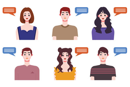 Set of young people avatars with speech bubbles. Vector illustration.のイラスト素材