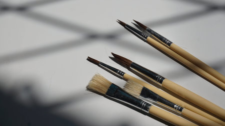 Paint brushes on a white background with shadows from the window.