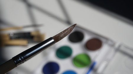 Paint brushes and watercolor paints on a white background. Selective focus.