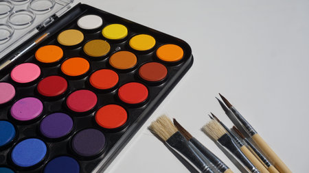 Palette of watercolors and brushes on a white background.