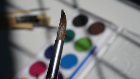 Paint brushes and watercolors on a white background. Close-up.