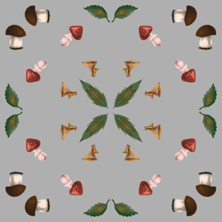 seamless pattern with mushrooms and tree leavesの写真素材