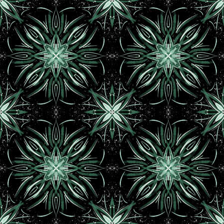 seamless pattern with flowers, 4 repeating elements of green shades on a black backgroundの写真素材