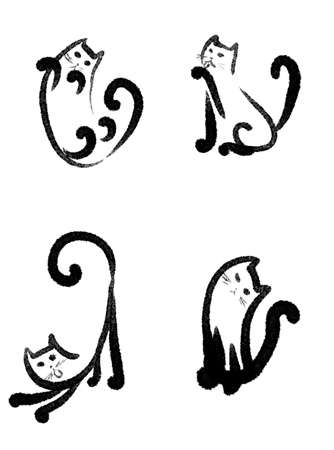 four poses of a cat, linear drawing in black on a white backgroundの写真素材