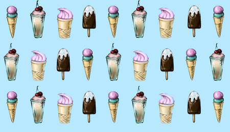pattern of three rows of ice cream on a blue backgroundの写真素材