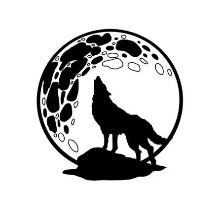 black and white sketch silhouette of a wolf on the background of the moonの写真素材