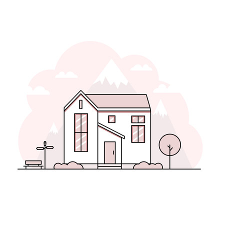 Thin Line stroke house flat design landscape minimalist home with pastel colorのイラスト素材
