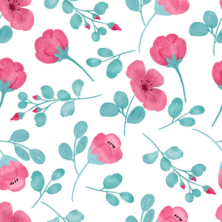 pink flower watercolor pattern design with pink pastel color and tosca leaf colorのイラスト素材