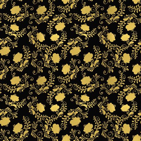 Gold floral seamless pattern on black background. Motif flowers in folk style. Hand painted illustration. Gzhel ornaments decorative on dark backdrop. For paper, textile, Tissue.の写真素材
